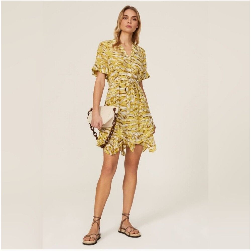 All‎ Saints Frankie Oniyuri Graphic Print Sz 6 Frilled Mini Dress Yellow Layered